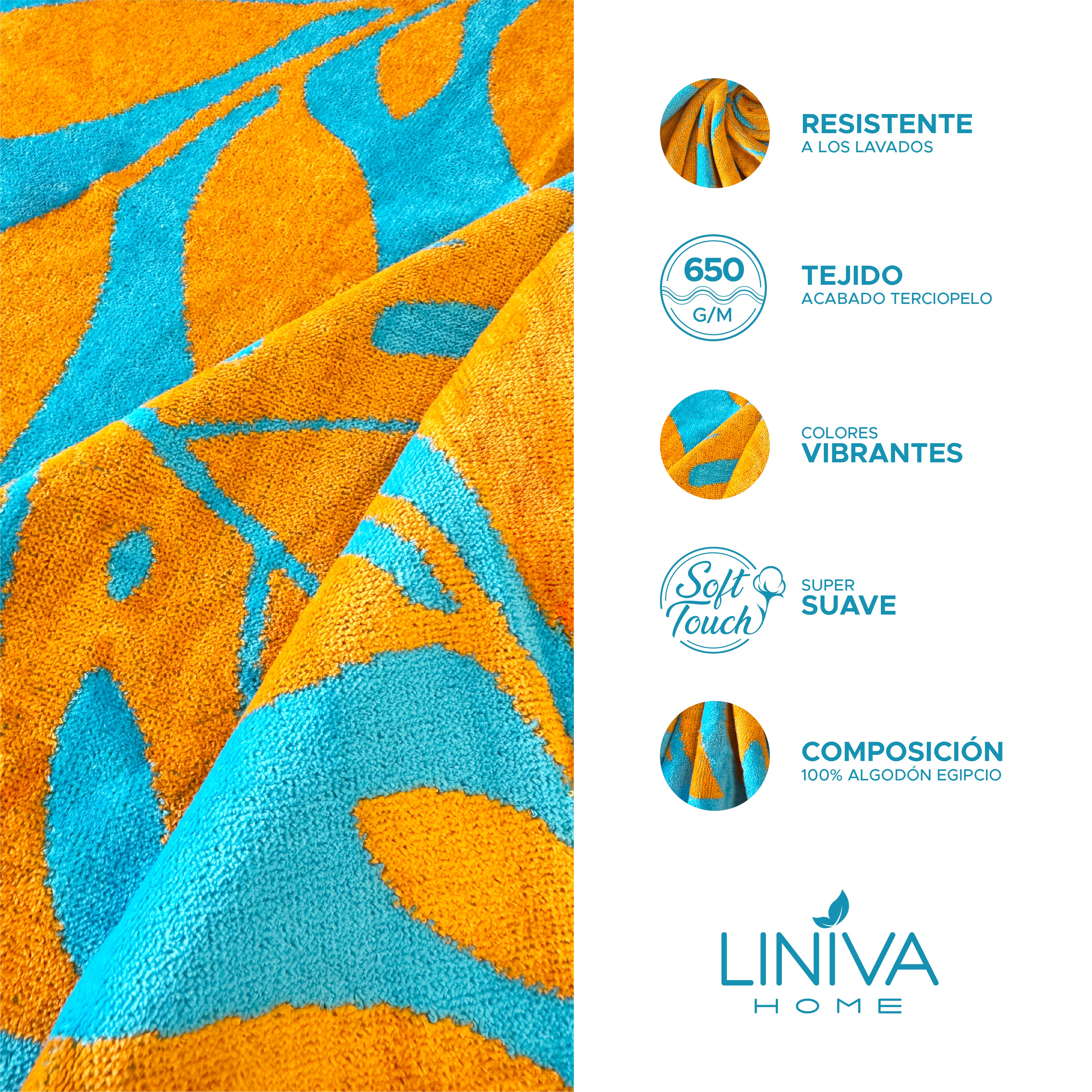 Toalla de Playa Liniva Home — 100% Algodón Egipcio 650gr | 90x175 cm | Modelo Tropical