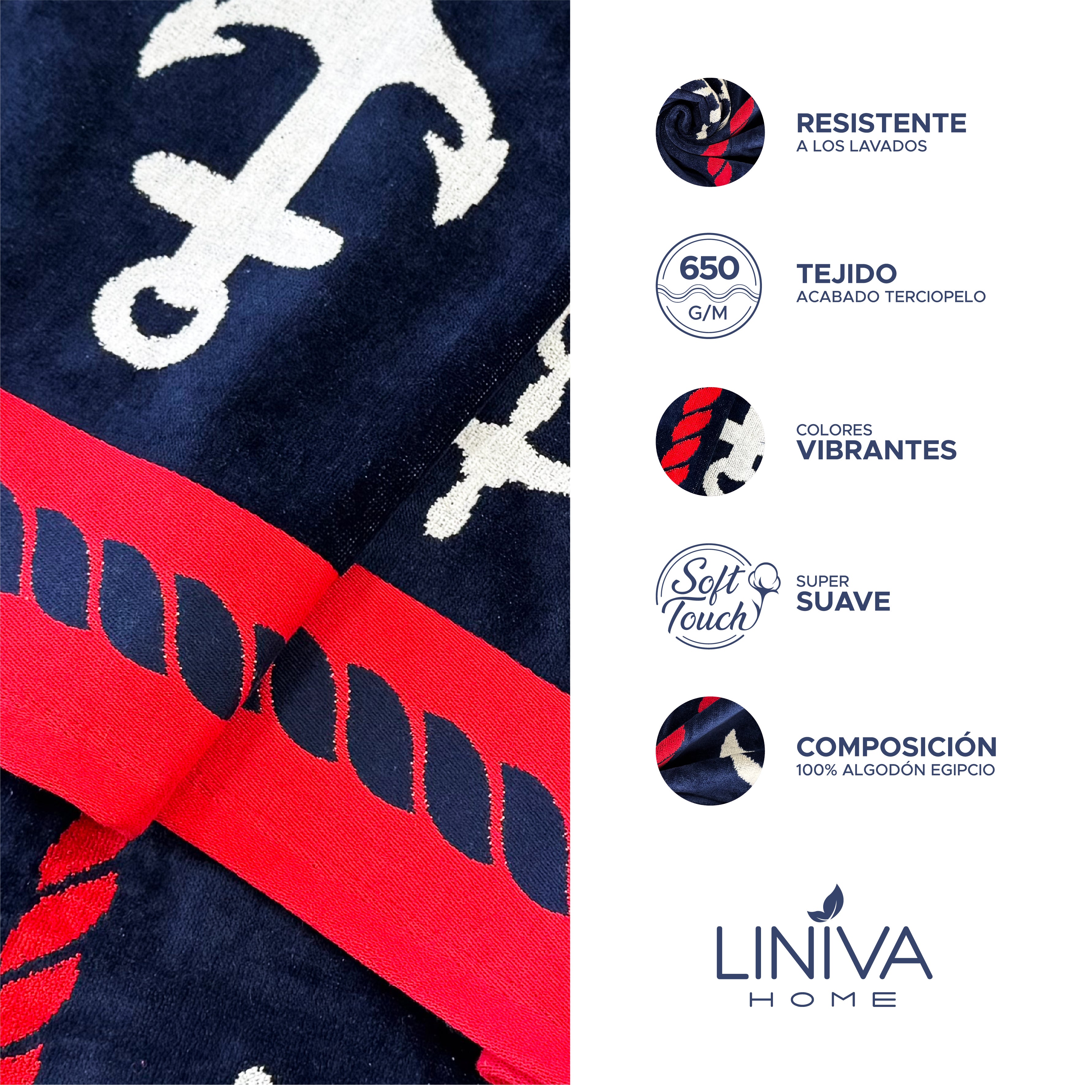 Toalla de Playa Liniva Home — 100% Algodón Egipcio 650gr | 90x175 cm | Modelo Anclas