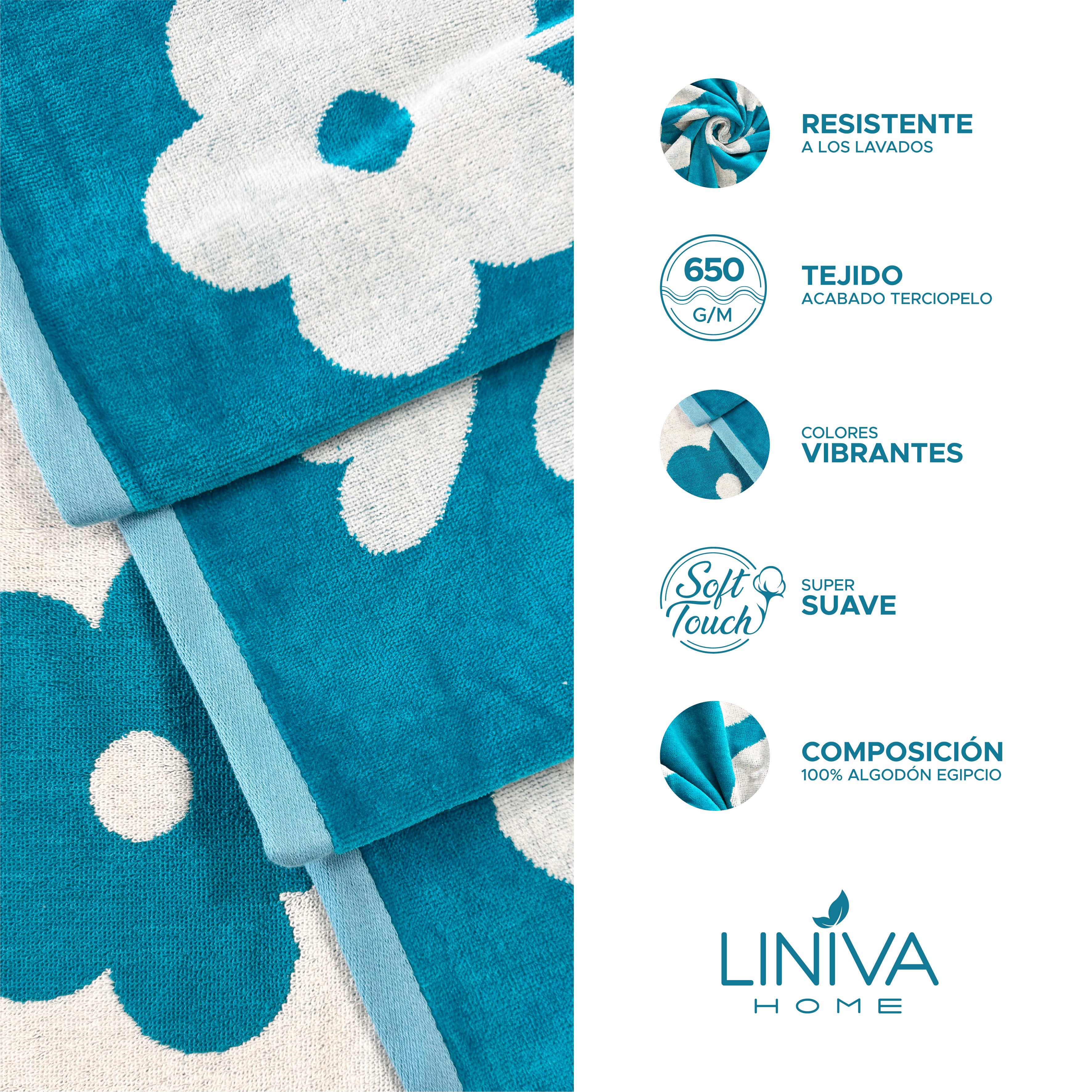Toalla de Playa Liniva Home — 100% Algodón Egipcio 650gr | 90x175 cm | Modelo Flores