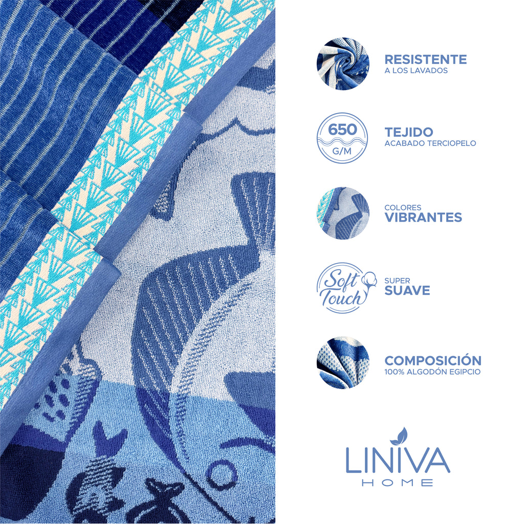 Toalla de Playa Liniva Home — 100% Algodón Egipcio 650gr | 90x175 cm | Modelo Oceano
