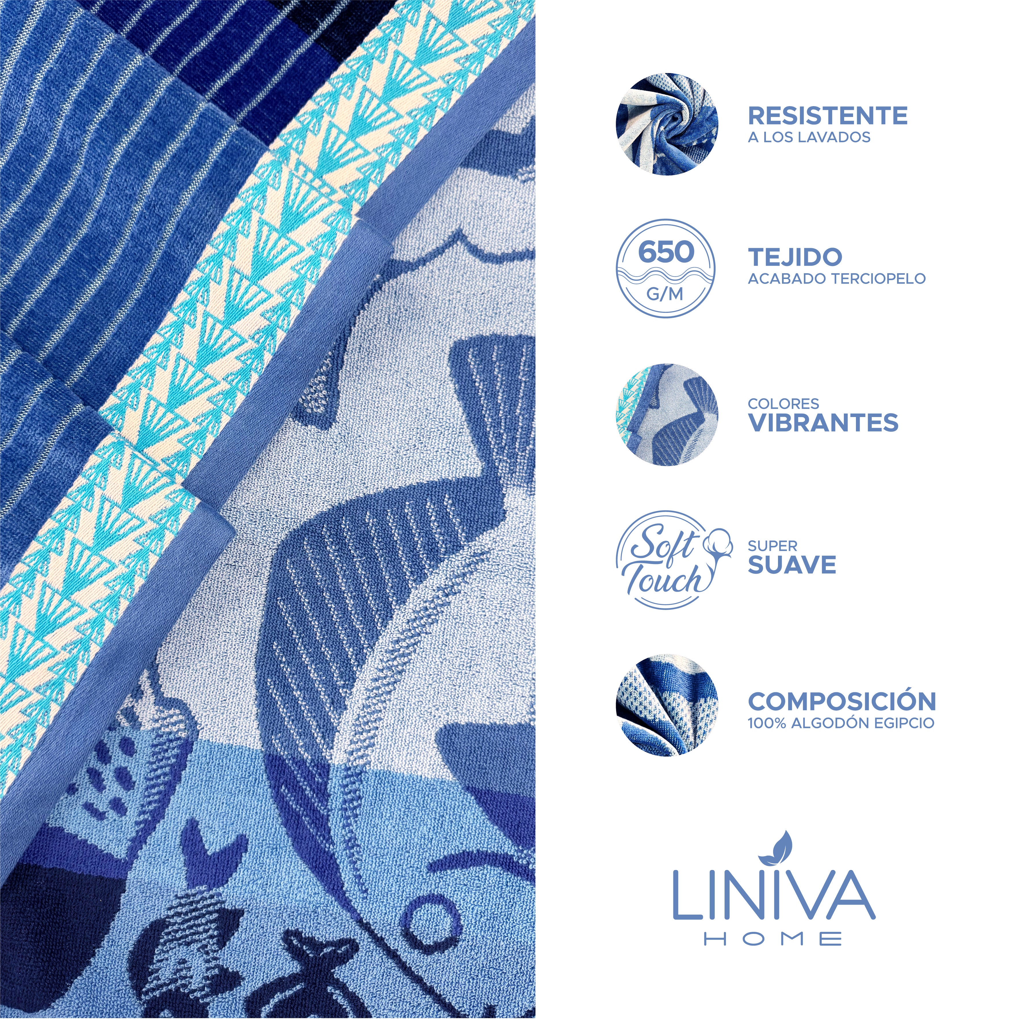 Toalla de Playa Liniva Home — 100% Algodón Egipcio 650gr | 90x175 cm | Modelo Oceano
