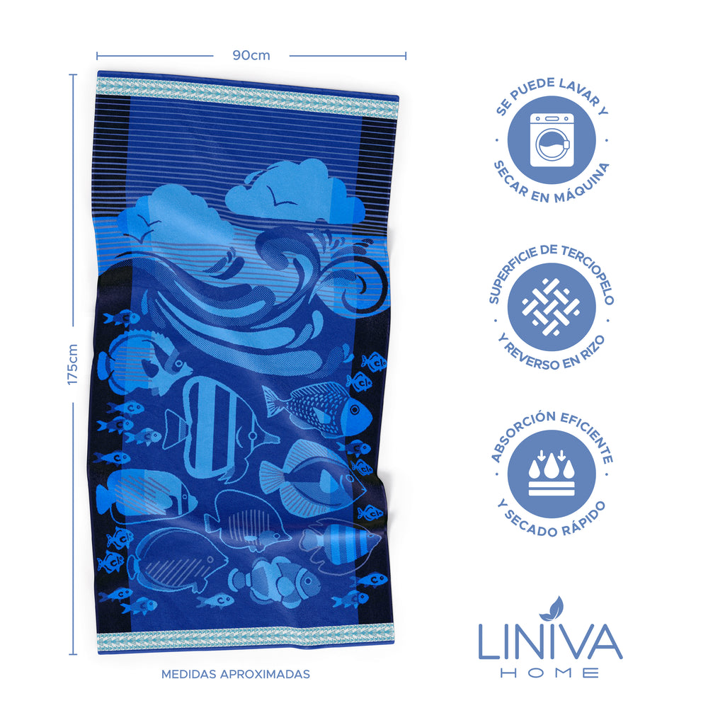 Toalla de Playa Liniva Home — 100% Algodón Egipcio 650gr | 90x175 cm | Modelo Oceano