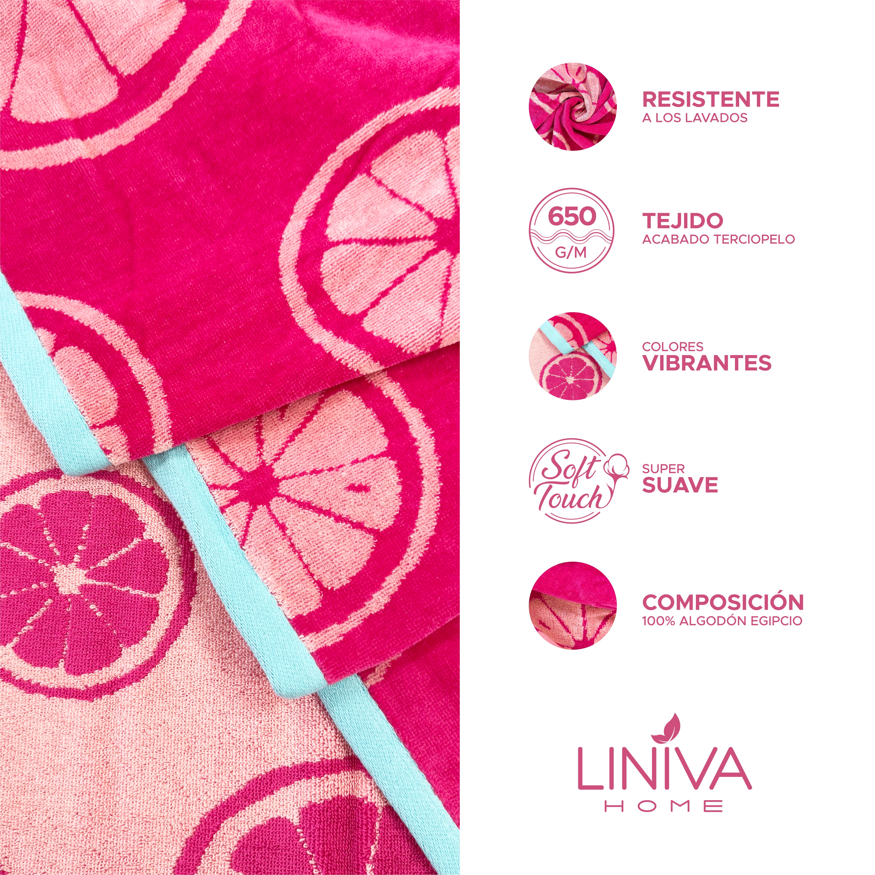 Toalla de Playa Liniva Home — 100% Algodón Egipcio 650gr | 90x175 cm | Modelo Pomelos