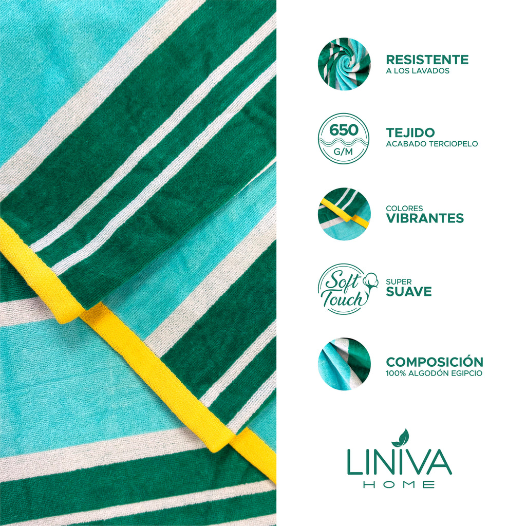 Toalla de Playa Liniva Home — 100% Algodón Egipcio 650gr | 90x175 cm | Modelo Rayas