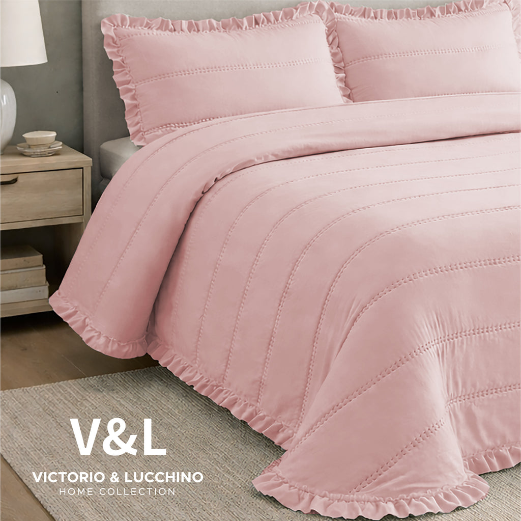 Victorio & Lucchino – Colcha Lavada Termosellada con Volante - Modelo Lorena - Rosa