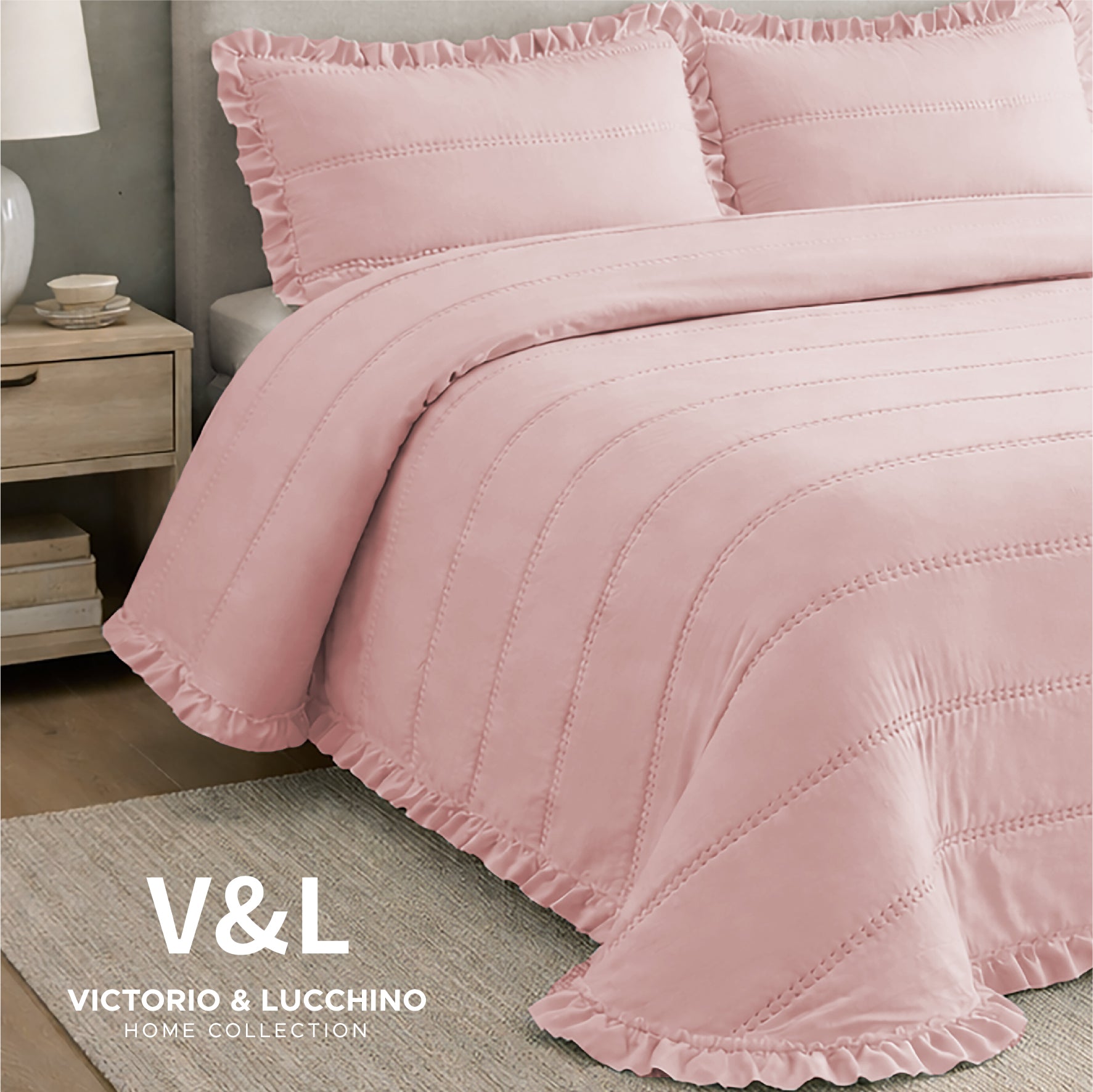 Victorio & Lucchino – Colcha Lavada Termosellada con Volante - Modelo Lorena - Rosa