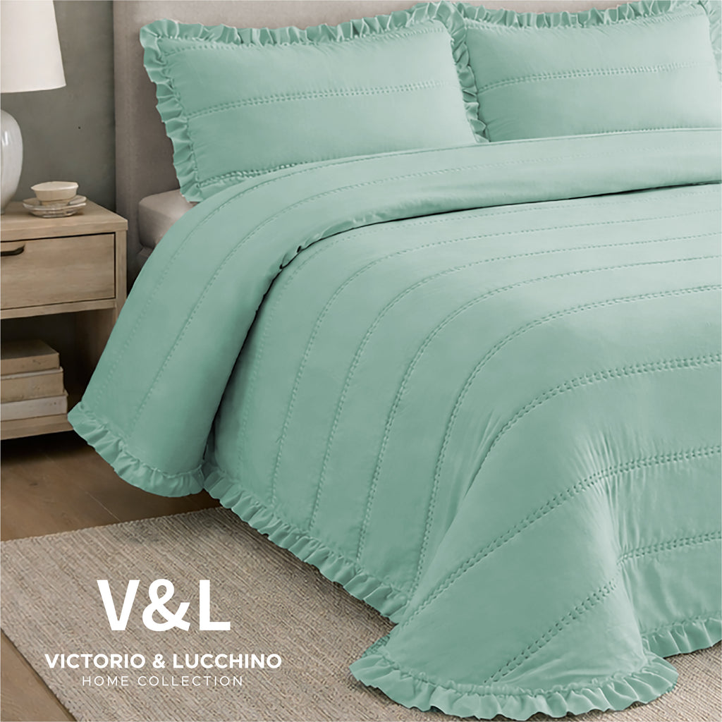 Victorio & Lucchino – Colcha Lavada Termosellada con Volante - Modelo Lorena - Aqua